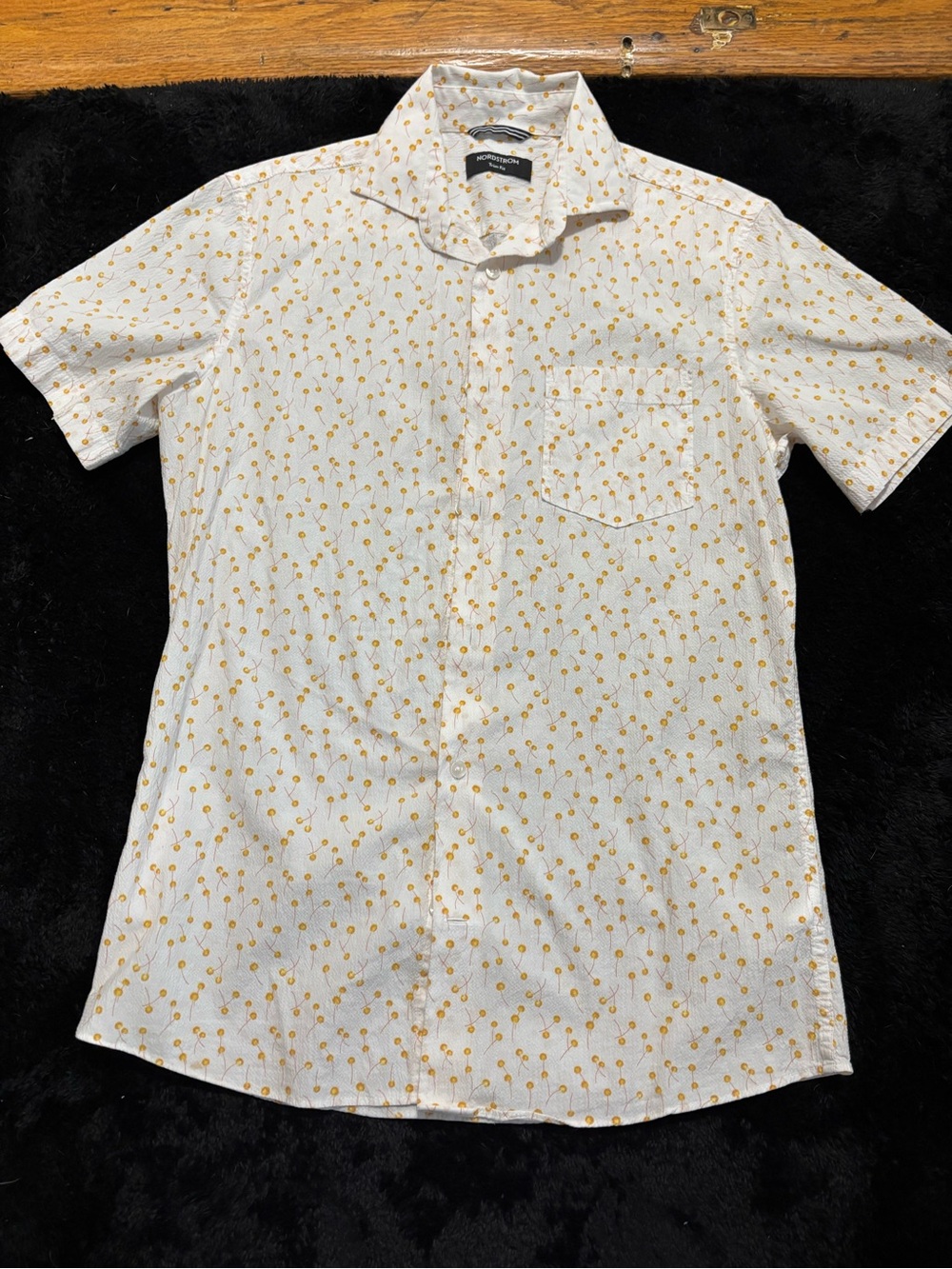 Nordstrom White Short-Sleeve Button-Down Shirt with Yellow floral Print
